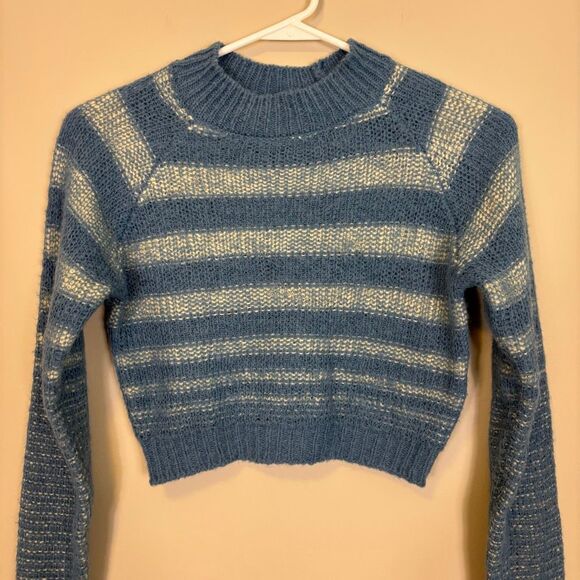 Zara Blue & White Striped Mock Neck Cropped Wool Blend Sweater Size Small - Picture 4 of 6